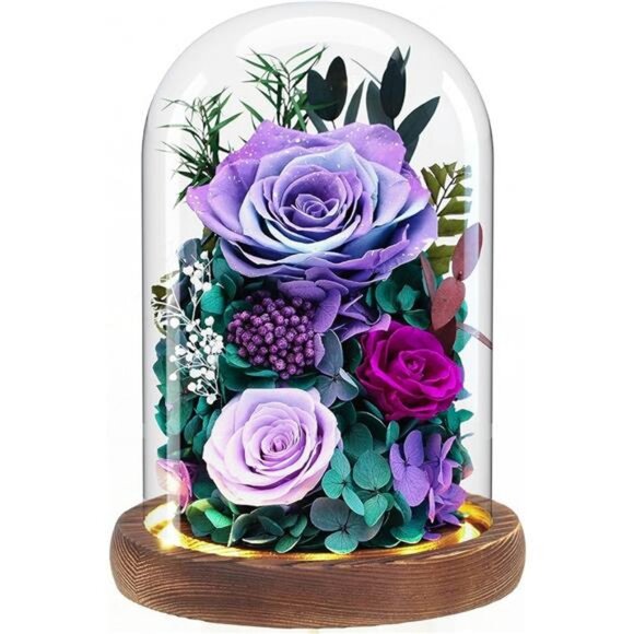 Forever Fresh Rose Flower Bouquet in Glass Dome, Preserved Purple Flowers - Picture 7 of 7